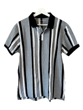 Aeropostale Men's Vertical Stripe Polo - Black, Gray & White Size L